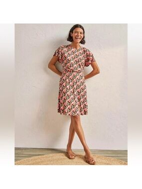 🩷NWOT Boden Pink Red Abstract Bloom Poppy Floral Flutter Sleeve Jersey Dress 8🩷